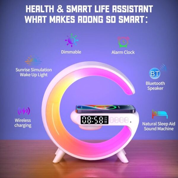 Smart Alarm Clock with G-Shape RGB Light Bluetooth Speaker, Wireless Charging