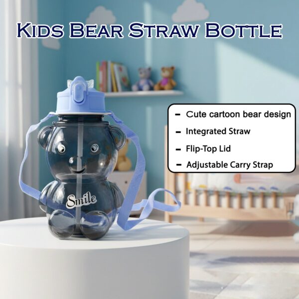 Kids Cartoon Bear Water Bottle with Straw & Shoulder Strap (1 Pc)