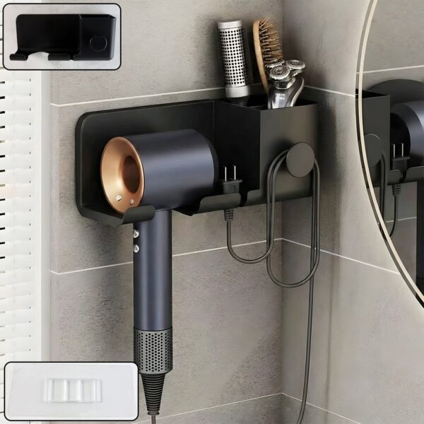 Wall Mounted Hair Dryer Holder with Multipurpose Organizer Shelf and Hook